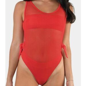KENDALL + KYLIE SIDE TIE Red TWO LAYER MESH ONE PIECE Swimsuit Size Medi…